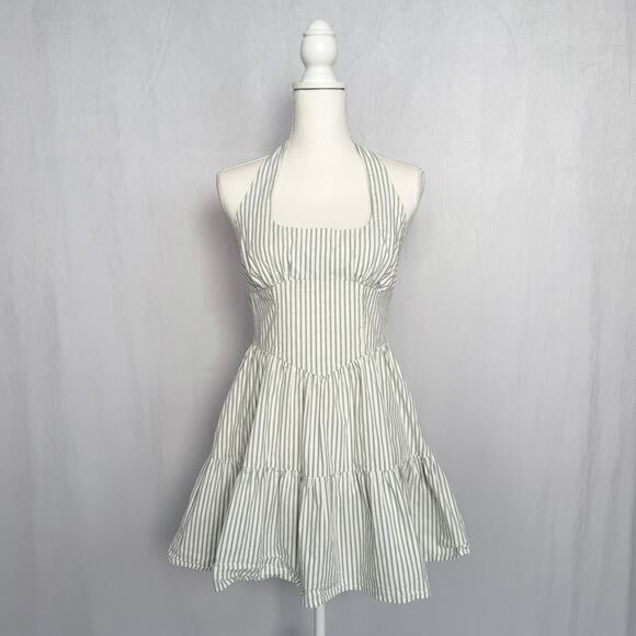 Wild Fable Green White Stripe Halter Fit & Flare Mini Dress, Size Medium - Picture 1 of 7